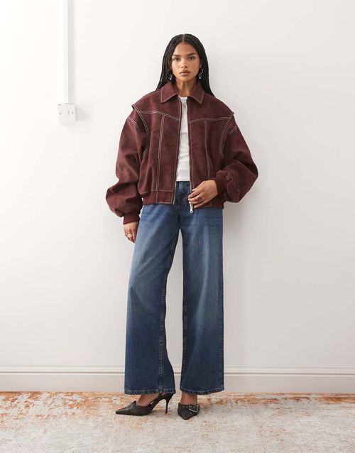 Exclusive Vista leather look contrast stitch bomber jacket in shiraz-Red