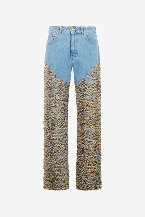 Wide Leg Denim Jeans With Baby Jaguar Print