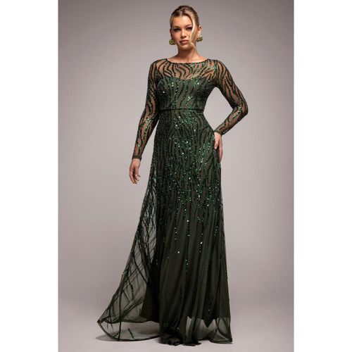 Goddiva Ombre Sequin Beaded Flared Long Sleeve Maxi Dress - Olive Green