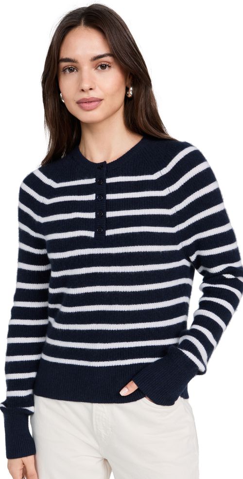 Cashmere Ribbed Button Henley Deep Navy/Soft White