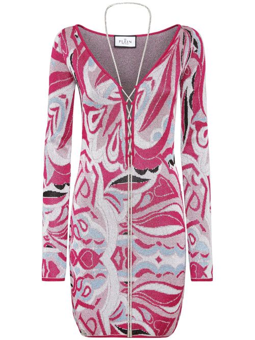 Intarsia-knit crystal-stripe minidress - Pink
