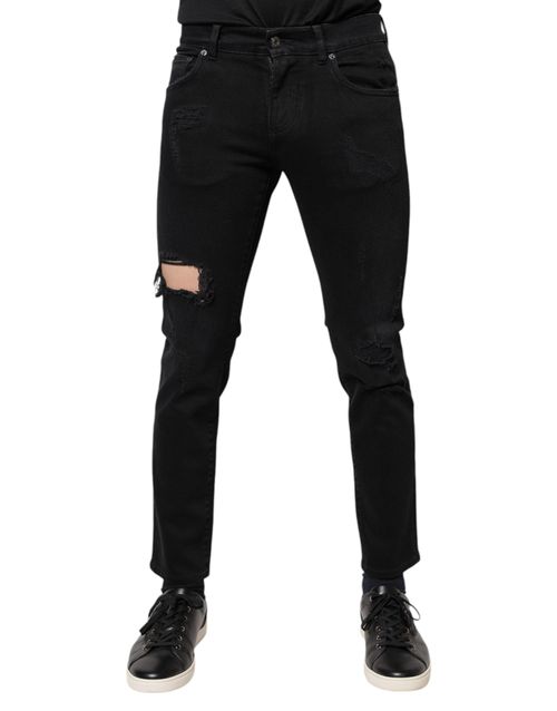 Tattered Skinny Denim Jeans — Black