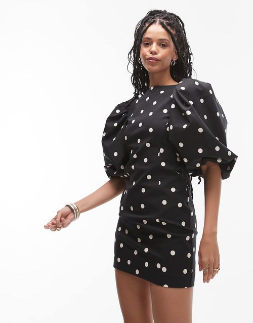 & Other Stories mini dress with puff sleeves and low back in spot print-Black