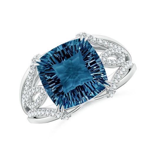 Angara 4.2 Carats Cushion London Blue Topaz Wave Shank Cocktail Ring in Platinum