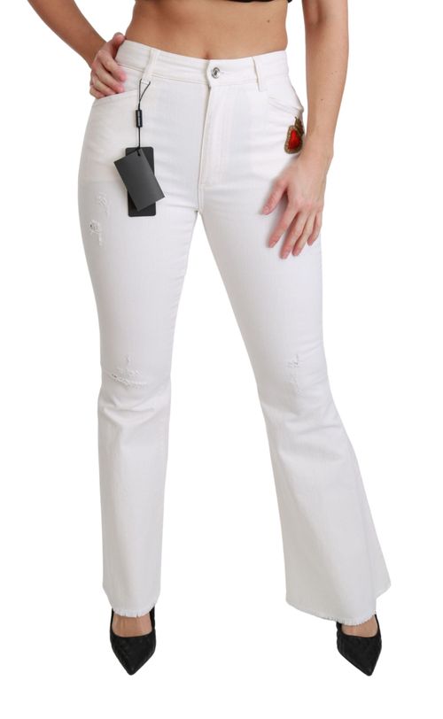 Heart-Embroidered Stretch Cotton Jeans — White