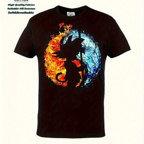 TEMU Camiseta Gráfica Anime para Hombre Colección Saiyan - Estampado de Negro y Llamas, Tejido de 230GSM, Ropa Japonesa, Corte Regular Manga Corta
