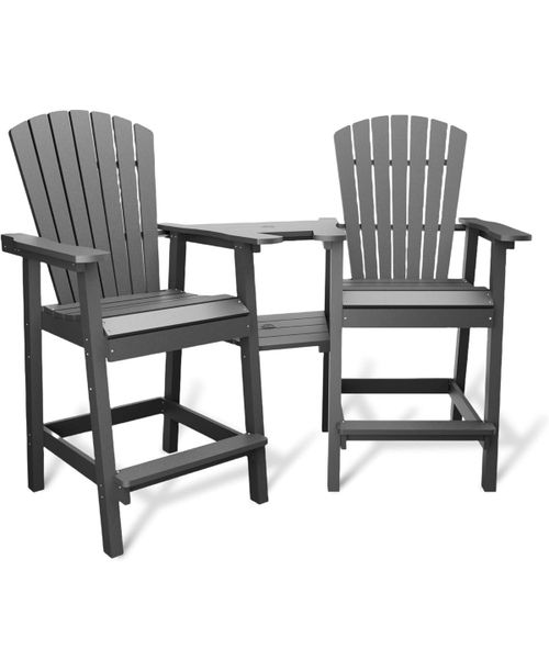 Outdoor Bar Height Adirondack Chairs with Connecting Tray, Balcony Chairs, Outdoor Tall Adirondack Chairs - Grey