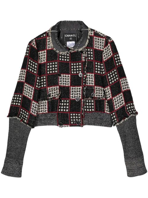 2007 checked frayed-trim jacket - Black