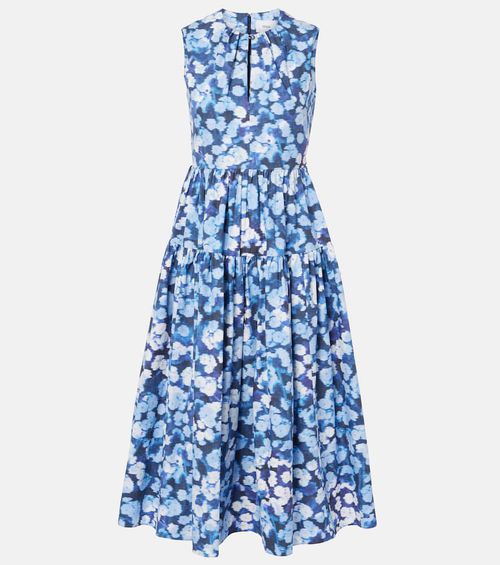 Floral-appliqué ruffled cotton cocktail dress