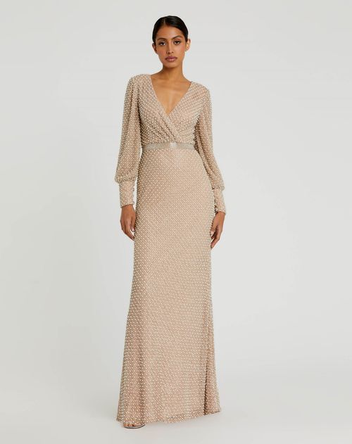 Wrap Over Bishop Sleeve Maxi Gown with White Beading Ivory Sand