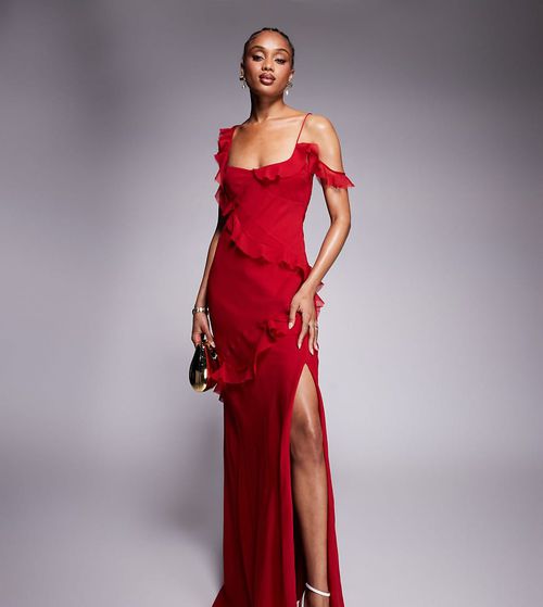 ASOS DESIGN Tall raw edge ruffle maxi dress with tie back in red