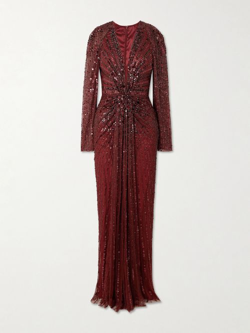 Nina Gathered Embellished Tulle Gown - Burgundy