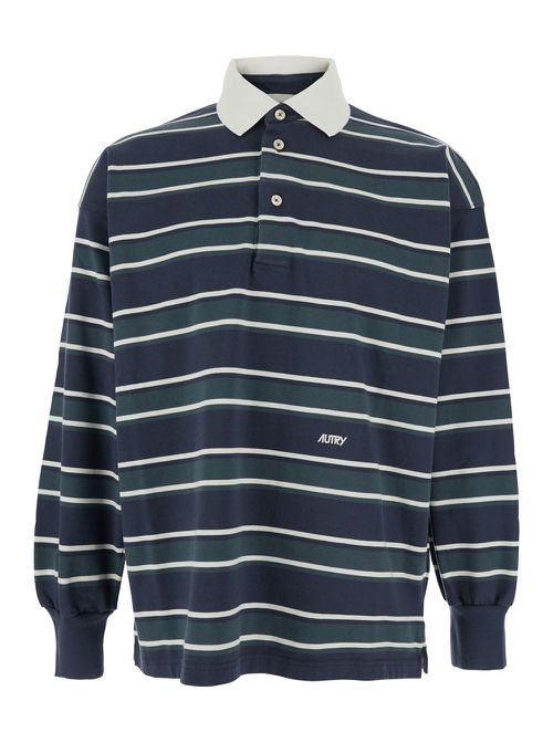 Blue Polo Shirt With Classic Collar And All-over Striped Motif In Cotton Man