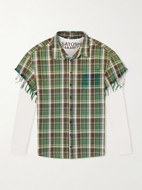 Layered Frayed Checked Cotton-Flannel and Waffle-Knit Shirt