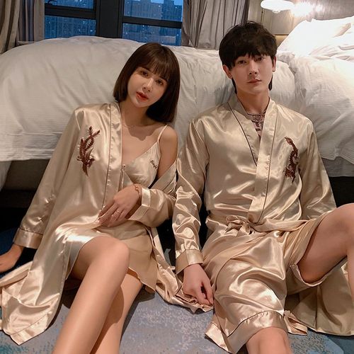 Couple's nightgown Silk ice silk embroidered bathrobe plus loose pajamas set