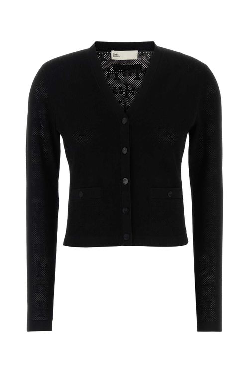 Viscose-Blend Pointelle Knit Cardigan — Black