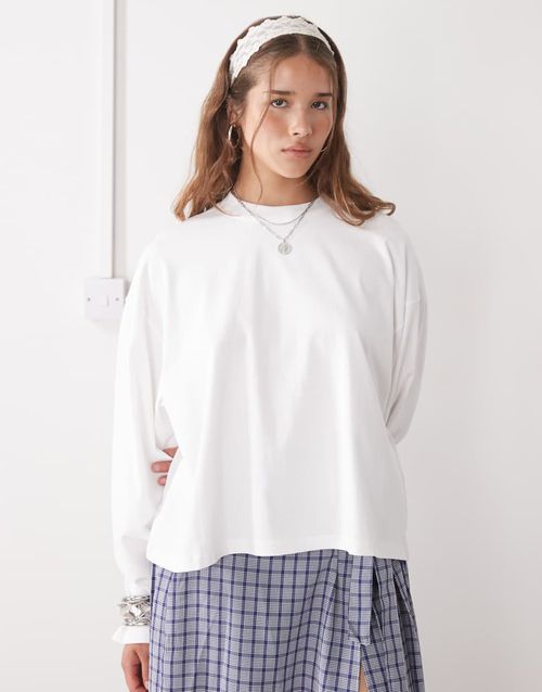 Bloom cotton long sleeve crew neck boxy T-shirt in white