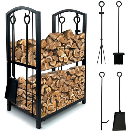 TEMU 2 Tier Metal Firewood Log Holder - Log Store - Log Rack For Fireplace - Firewood Rack For Fireplace Wood Storage Shelf With 4 Tools And Hook