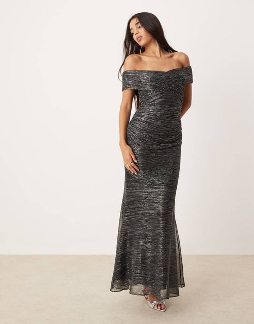 Ever New ruched metallic plisse midaxi dress in charcoal-Gray