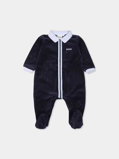 Logo embroidered striped babygrow - Blue
