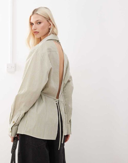 COLLUSION open back shirt in green & white stripe