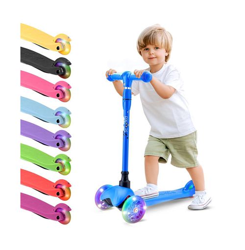 Lightweight and Adjustable Mini Kickboard Scooter with Led Light Wheel for Kids (Blue) - Blue