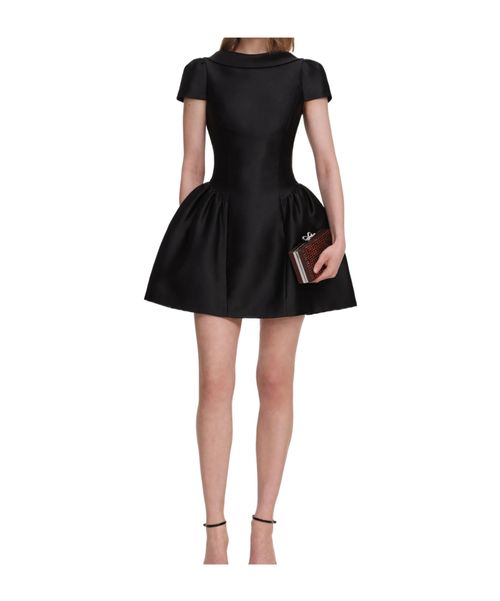 BLACK TAFFETA COLLARED MINI DRESS