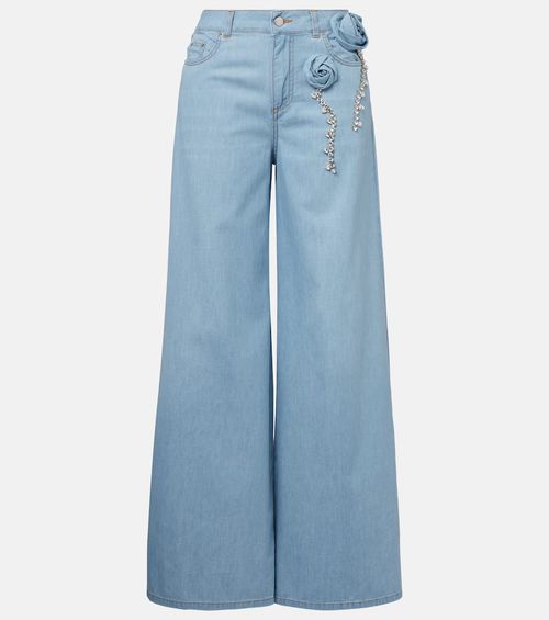 Embellished floral-appliqué wide-leg jeans