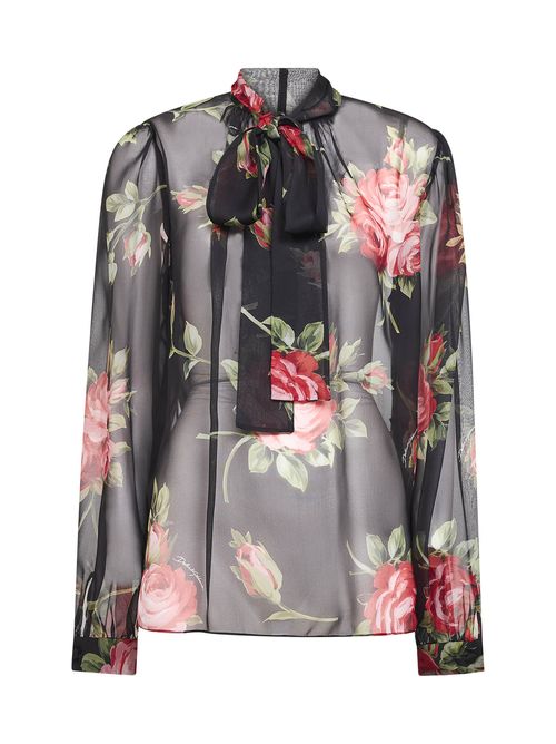 Rose Bouquet-Print Silk Chiffon Shirt — Multicolor