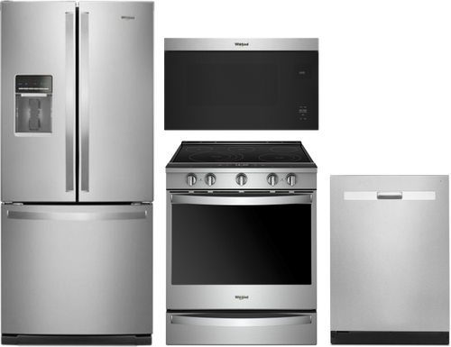 Whirlpool 4 Piece Kitchen Appliances Package with French Door Refrigerator, Electric Range, Dishwasher and Over the Range Microwave in Stainless Stee