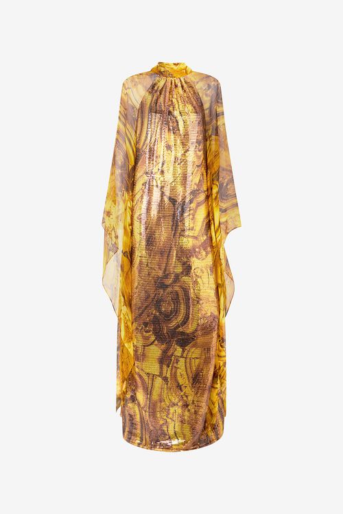Silk Caftan Dress With Amber Print Sequins