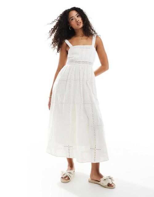 New Look broderie strappy midi dress in cream-White