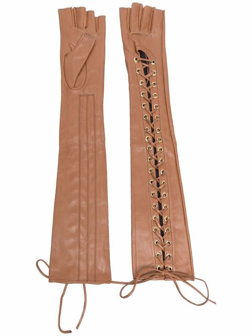 Long lace-up leather gloves - Brown