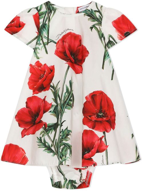 Poppy-print A-line dress set - White