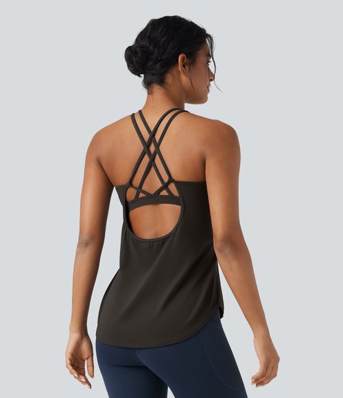 UltraSculpt™ Round Neck Crisscross Back Running Tank Tops DD-F Cups Tank Top - Hazelnut Black