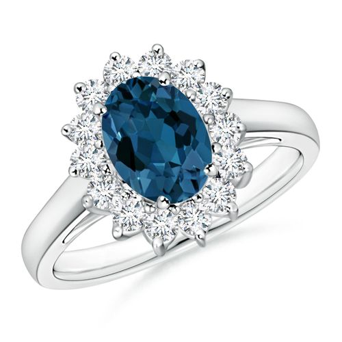 Angara 1.5 Carats Princess Diana Inspired London Blue Topaz Ring with Halo in Platinum
