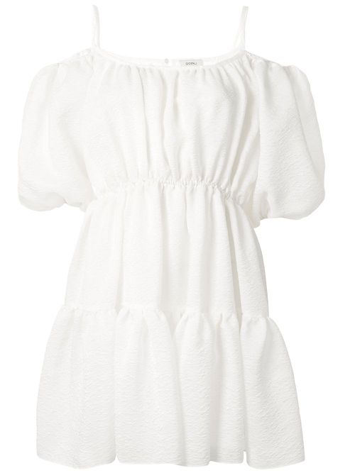 Balloon-sleeved tiered mini dress - White