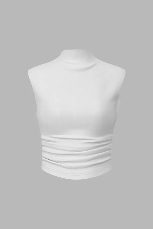 Dusty White Ruched Half Turtleneck Crop Top Women