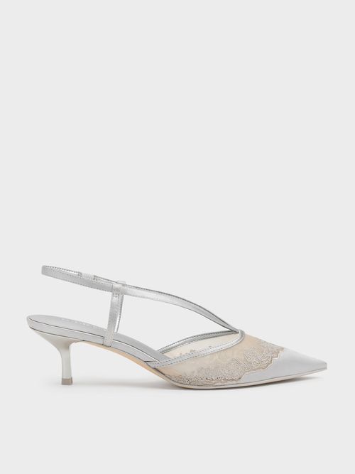 Charles & Keith - Satin Embroidered-Mesh Slingback Kitten Heels