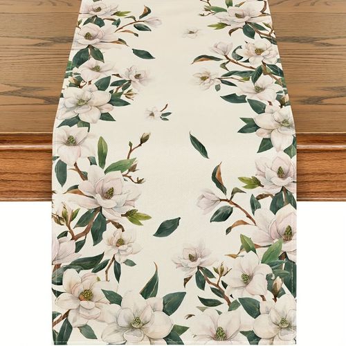 TEMU , Linen Table Runner, Flowers And Leaves Printed Table Runner, Seasonal Spring Theme Table Runner, Home Party Decor, Dining Decoration