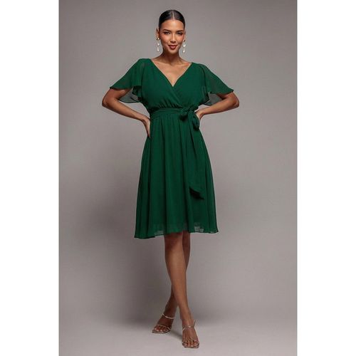 Goddiva Sustainable Flutter Sleeve Chiffon Wrap Midi Dress - Green