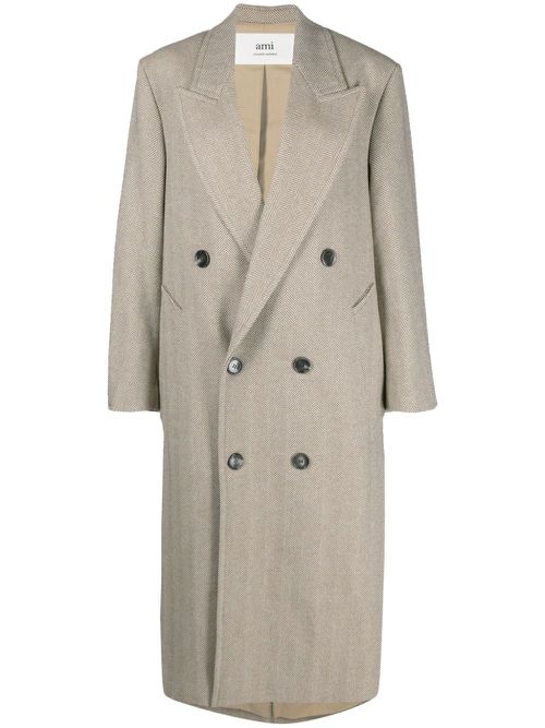 Double-breasted herringboned long coat - Neutrals