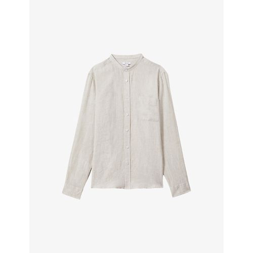Mens Stone Ocean Grandad-collar Striped Linen Shirt