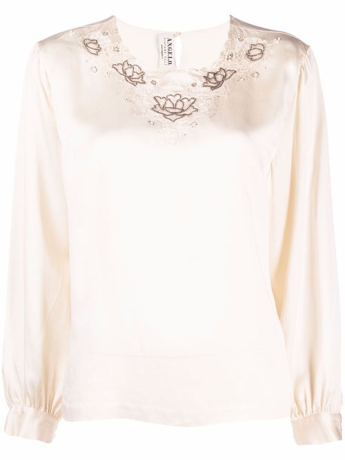 1970s floral-embroidered blouse - Neutrals