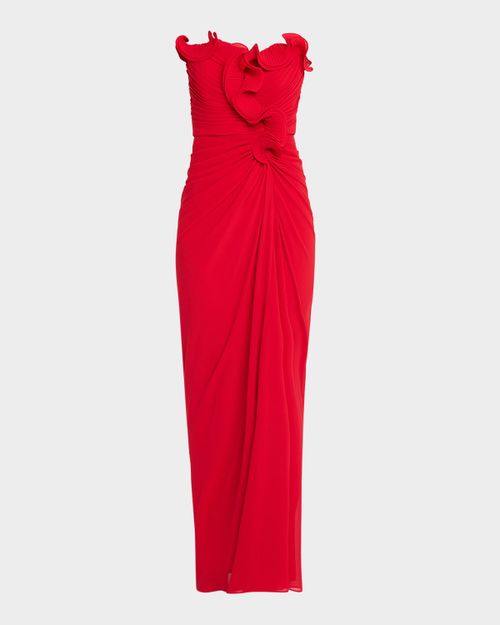 Pleated Ruffled Chiffon Column Gown