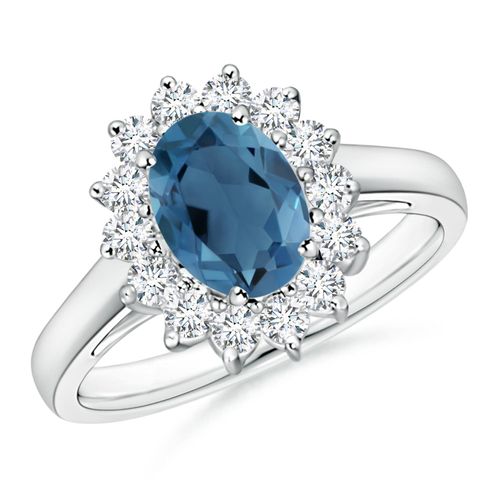 Angara 1.5 Carats Princess Diana Inspired London Blue Topaz Ring with Halo in Platinum