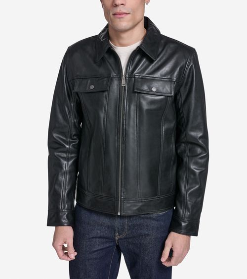 Men's Leather Trucker Jacket - Black