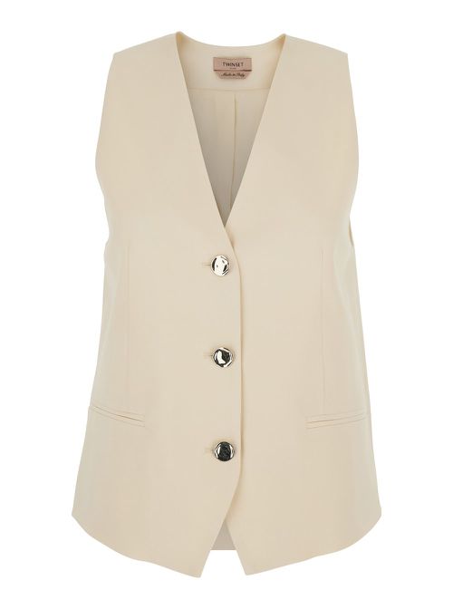 Beige Vest With V Neck And Front Button Closure In Fabric Woman
