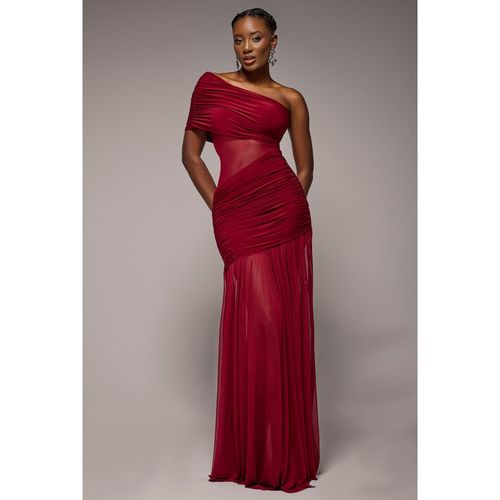 Goddiva Gathered One Shoulder Sheer Panel Maxi Dress - Wine