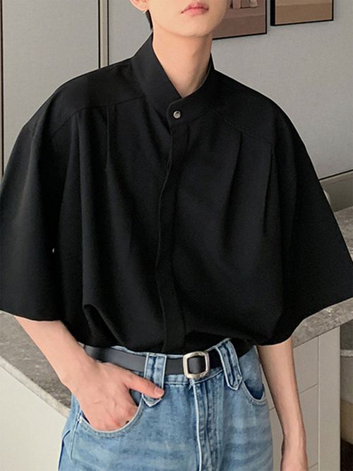 Mens Solid Pleated Concealed Placket Shirt SKUK15664 - Black / S
